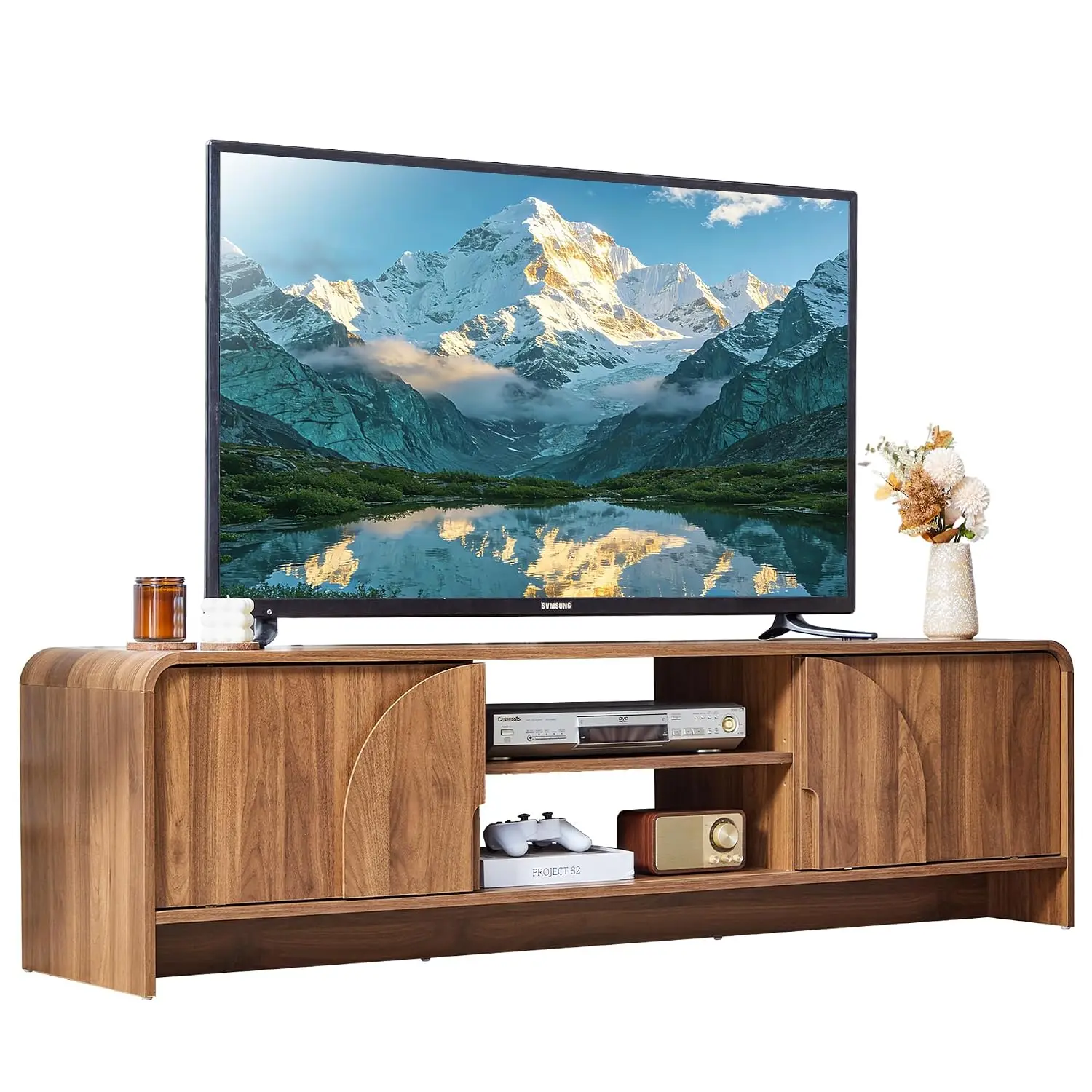 Walnut TV Stand Arched Handle Sliding Door Open Shelf Drawer, Mid Century Modern Wood Entertainment Center Cable Management 63