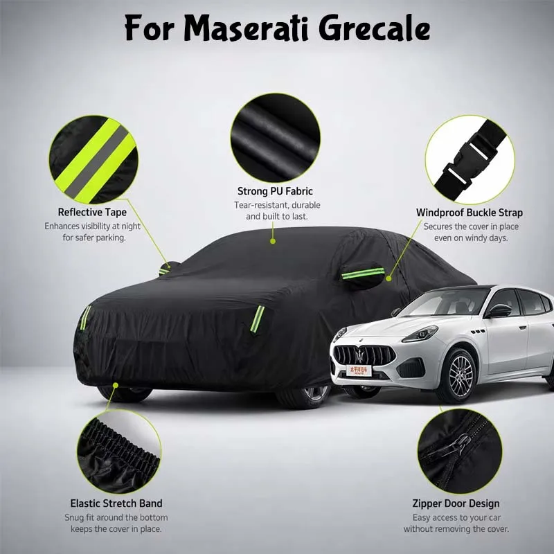 For Maserati Grecale Waterproof Full Car Cover Side Door Zipper Reflective Strips Windproof Buckle All-Weather Protection