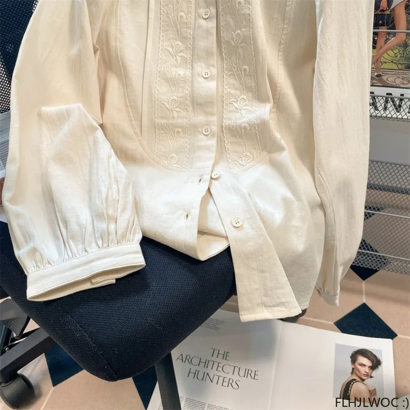 Cotton Chic Korea Cute Basic Shirt Design Women Cute Sweet Japan Girl Vintage Retro Stand Collar Ruffles Tops Blouse 2024 Autumn