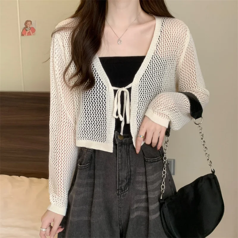 Summer Hollow Out Cardigan Women Full Sleeve Sweaters Shirts Lady Crop Tops Female Elastic Cardigans