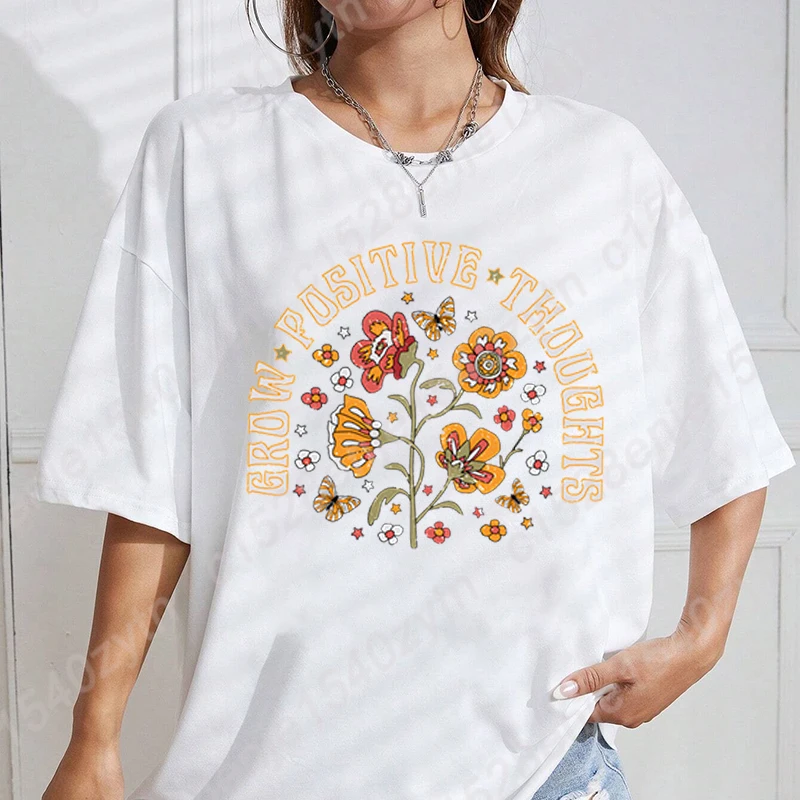 

Teacher Flower Grow Positive Thoughts T-shirt, Women Summer Hot Selling Tees, Short Sleeve Crew Neck Oversized Tops