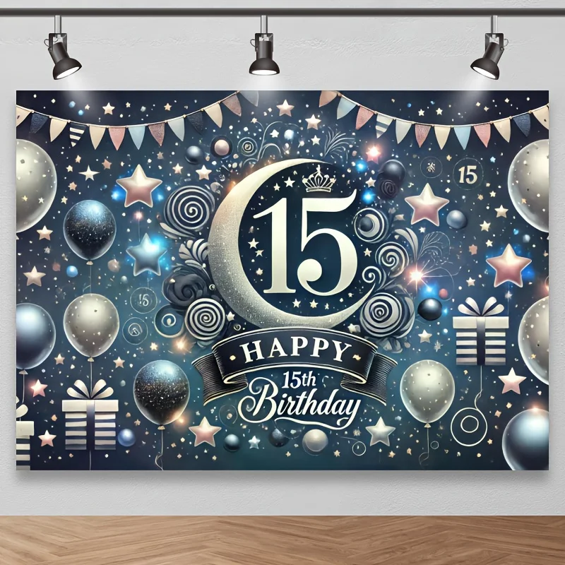 Hintergrundtuch für die 15. Geburtstagsfeier – Helle silberne und blaue Luftballons, funkelnde Sterne und bezaubernde Nachthimmel-Themen