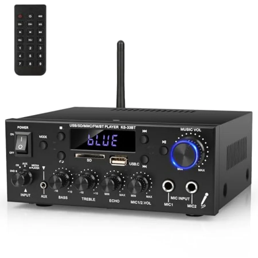 

Home audio stereo receiver with 2-channel 500W power amplifier, Bluetooth 5.0, FM, echo, AUX/USB/SD/MIC inputs, black metal cha