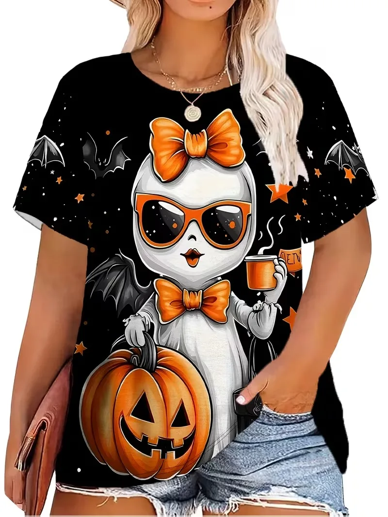 Halloween Pumpkin Monster 3D Printed Women's T Shirt Vintage Stylish Classic Festival Short Sleeve Crew Neck Daily Woman clothes