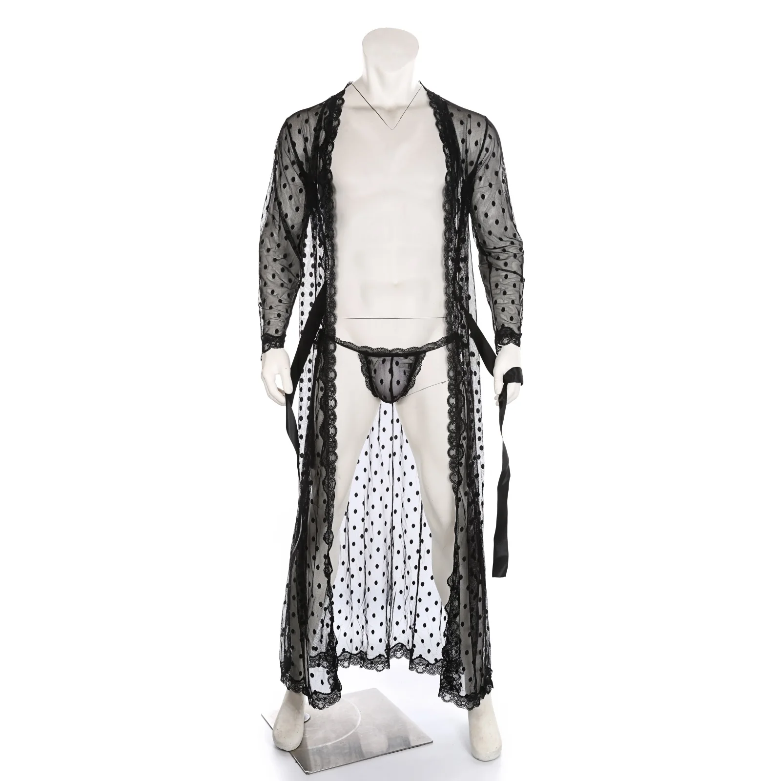 CLEVER-MENMODE Sexy Dessous Robe Spitze Sheer Lange Bademantel Nachtwäsche Erotische Sehen Durch Männer Morgenmantel und Tanga Nachtwäsche