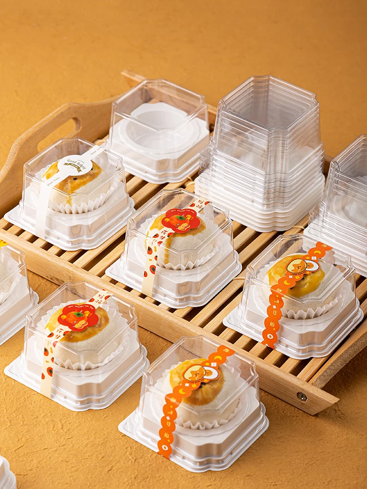 

Bakery Paaging Egg Yolk Pastry Snowy Bride Mooncake Stier Bag Air Tight Plastic Box Baking Gift Box Individual Puff