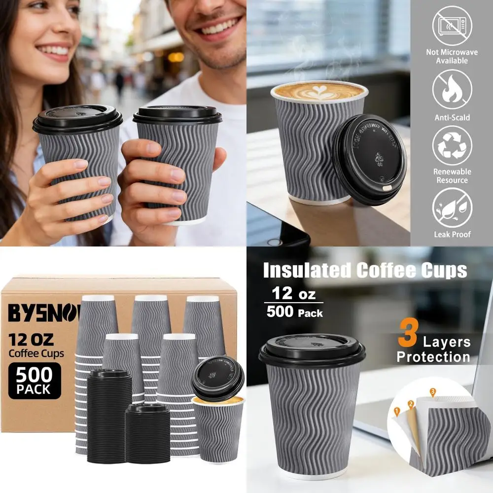 

12 oz Disposable Insulated Paper Hot Cups with Lids for Coffee, Beverages, and Take-Out (Grey)