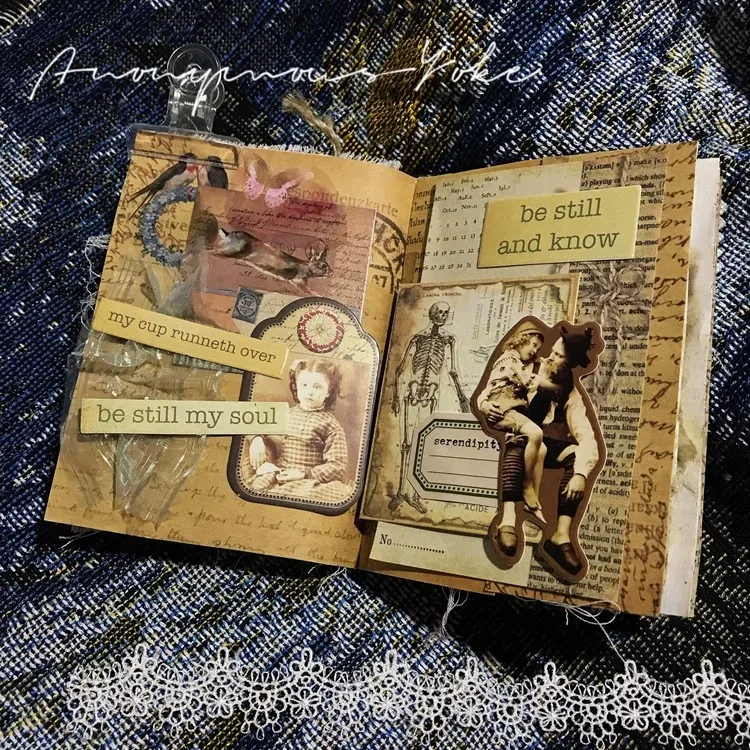 Diy scrapbooking boneca vintage material tecido personagem série foto lixo álbum diário feliz planejador decoração placa de cartão