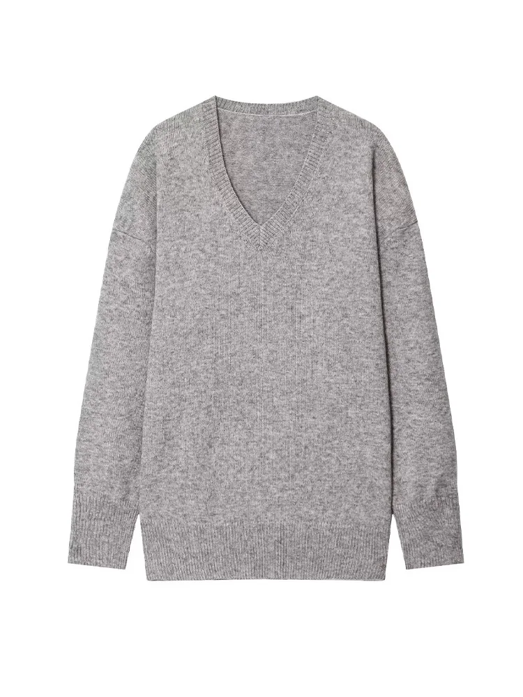 HH Donna Versatile Maglione a maniche lunghe con scollo a V Autunno Donna Allentato Street Style Streetwear Maglione pullover solido a 3 colori