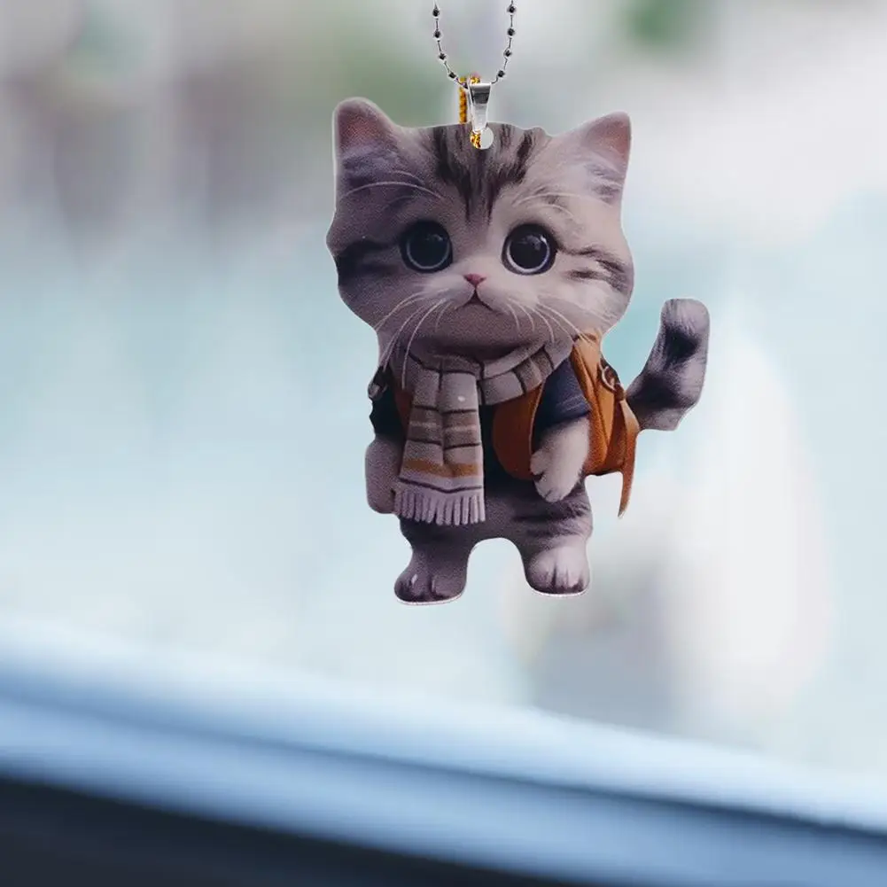 Car Pendant Hanging Ornament with Chain Realistic Animal Cat-Shaped 2D Pendant Rearview Mirror Hanging Decor Car Accessories