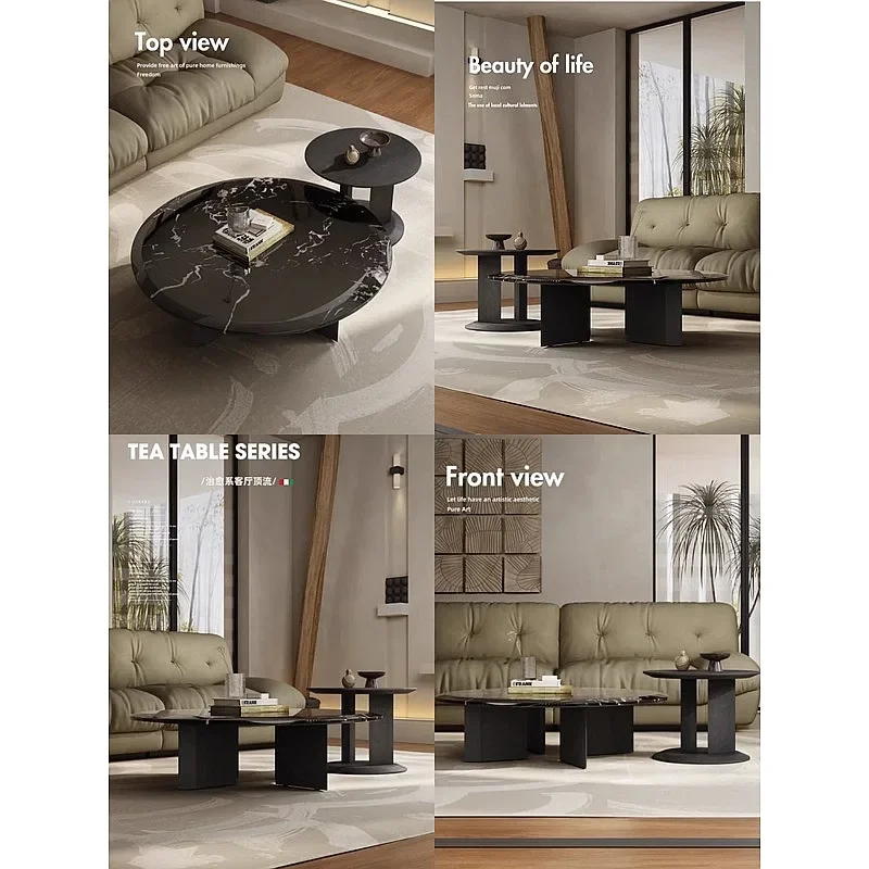 BJ Italian Minimalist Marble Coffee Table Set, Smoked Wood Round Designer Table For Living Room