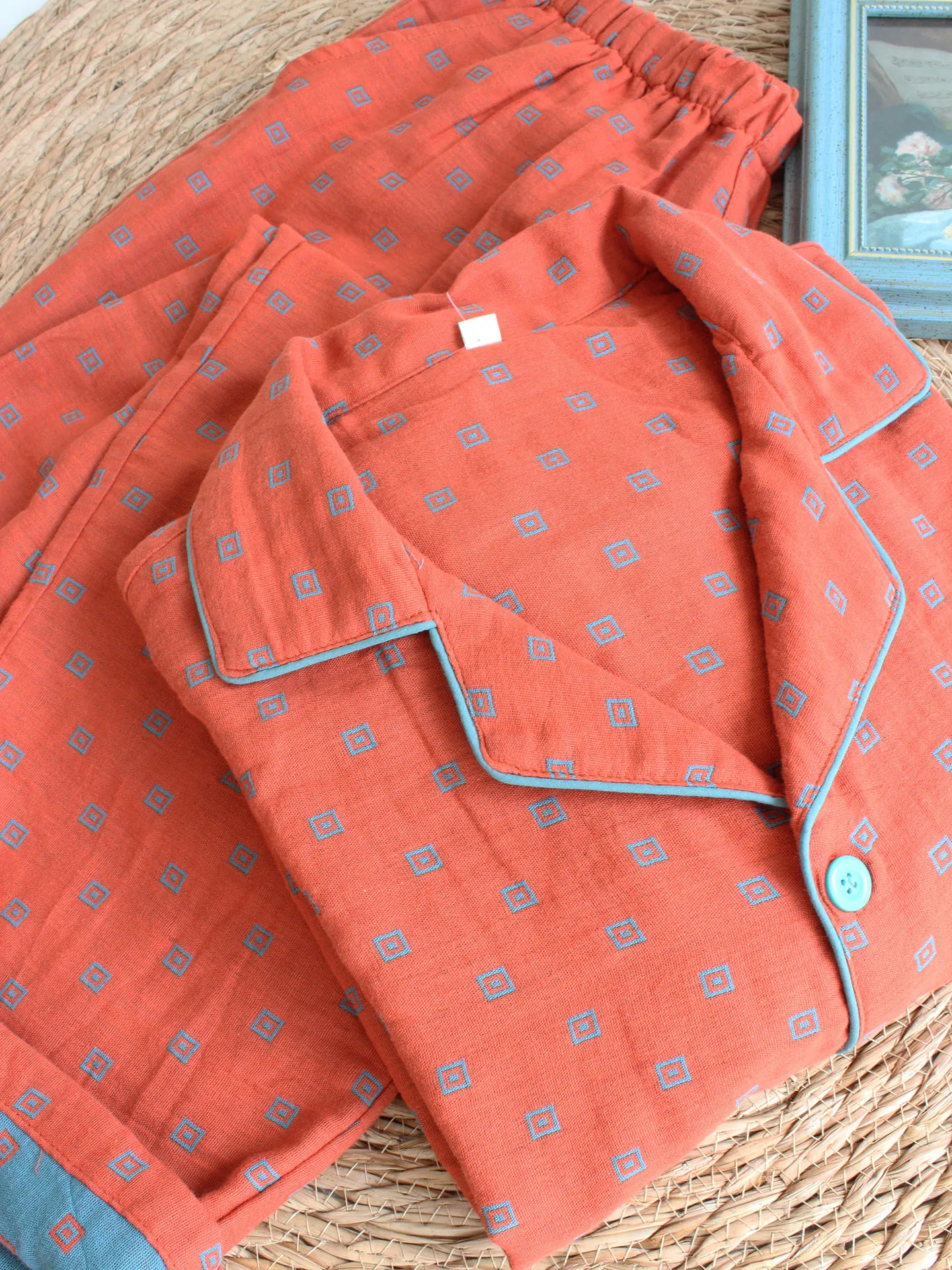High Quality Men's Spring Autumn Pure Cotton Sleepwear Double Layered Woven Floral Long Sleeve Long Pants Home Clothes Orange...