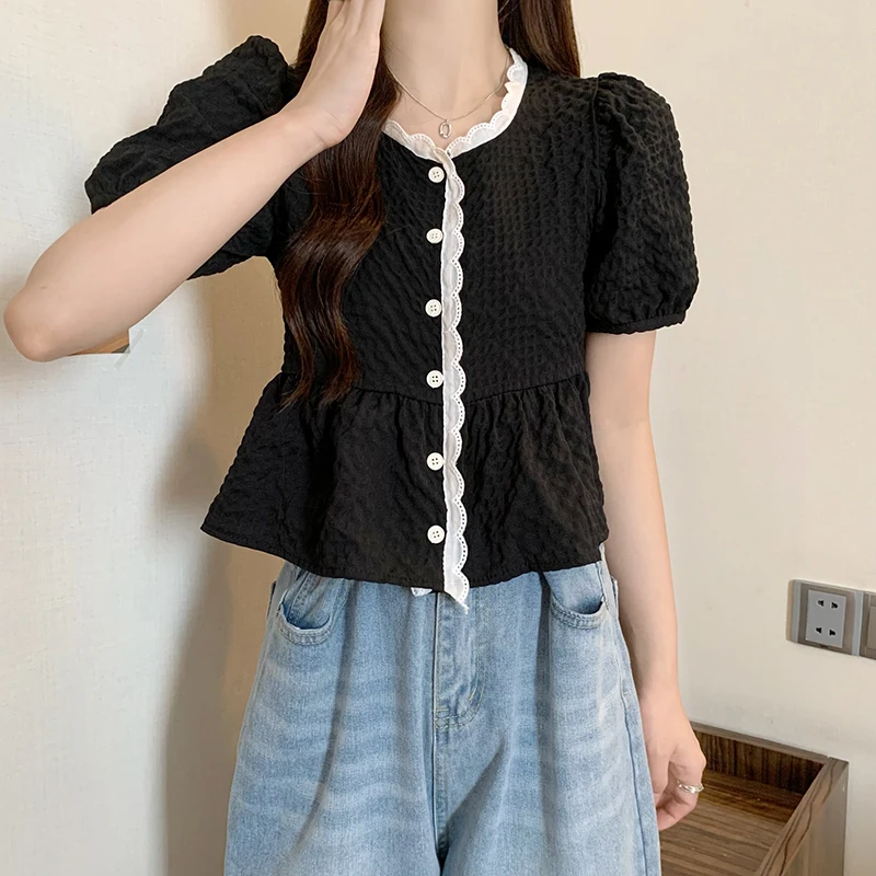 Sweet Lace Shirts Women Summer Korean Style Design All-match Puff Sleeve Lovely Cropped Fashion Elegant Young Casual Street Wear