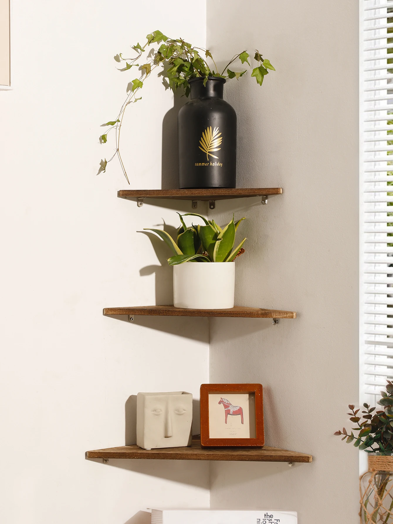 Wooden Corner Shelf Dark Wood Floating Shelf Dsiplay Stand  Home Appliance Book Flower Pot Holder Living Room Accessories Gift