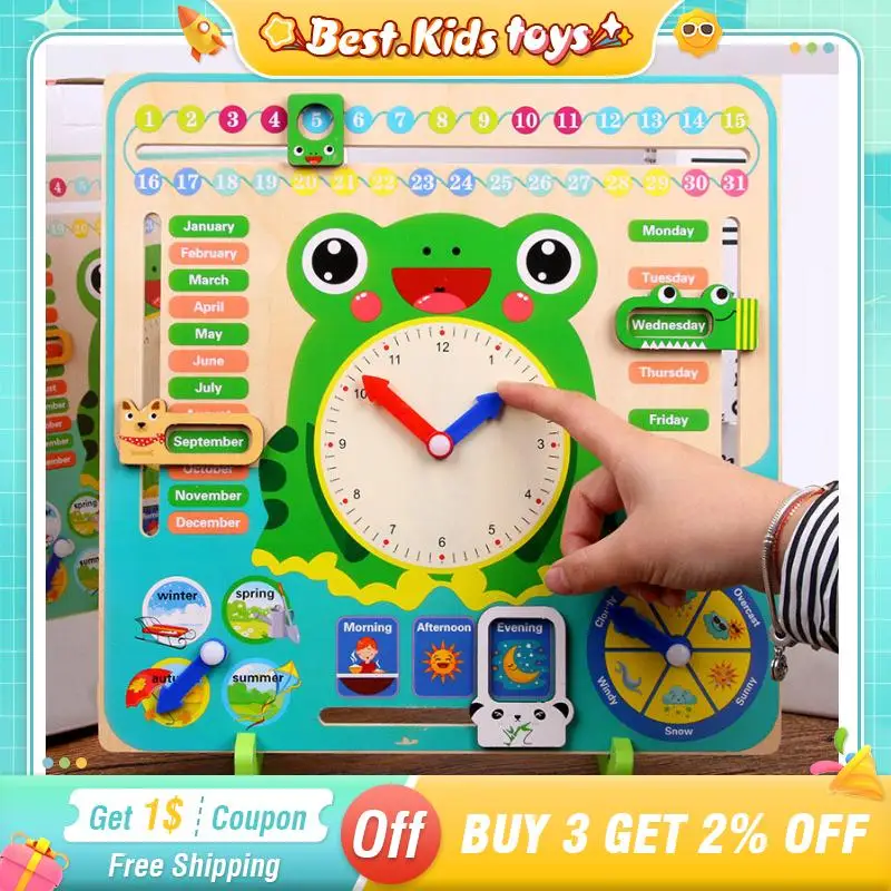 Montessori Toys Wooden Frog Calendar Baby Weather Season Clock Time Cognition Preschool Early Education Teaching Kids Toys Gift