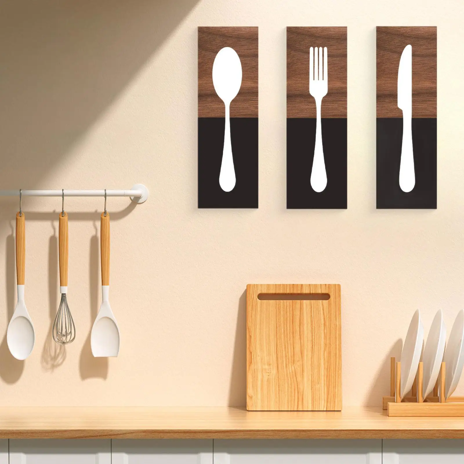 3Pcs Fork and Spoon Wall Decor Sign Utensils Cutlery Hanging Sign Tableware Plaque for Home Bar Coffee Shop Cafe