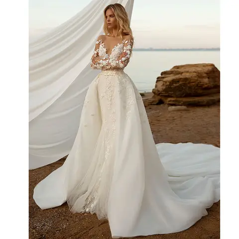 분리형 2 in1 레이스 화이트 웨딩 드레스 우아한 여성 섹시한 v 넥 인어 아플리케 버튼 신부 가운 vestidos de novia