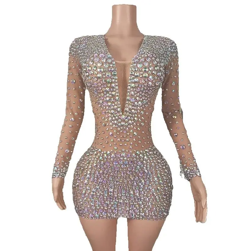 Sparkly Crystal Diamond Celebrate Party Dress Women Jazz Dance Festival Outfit Stage Dresses Bar Nightclub Gogo Costume XS9279