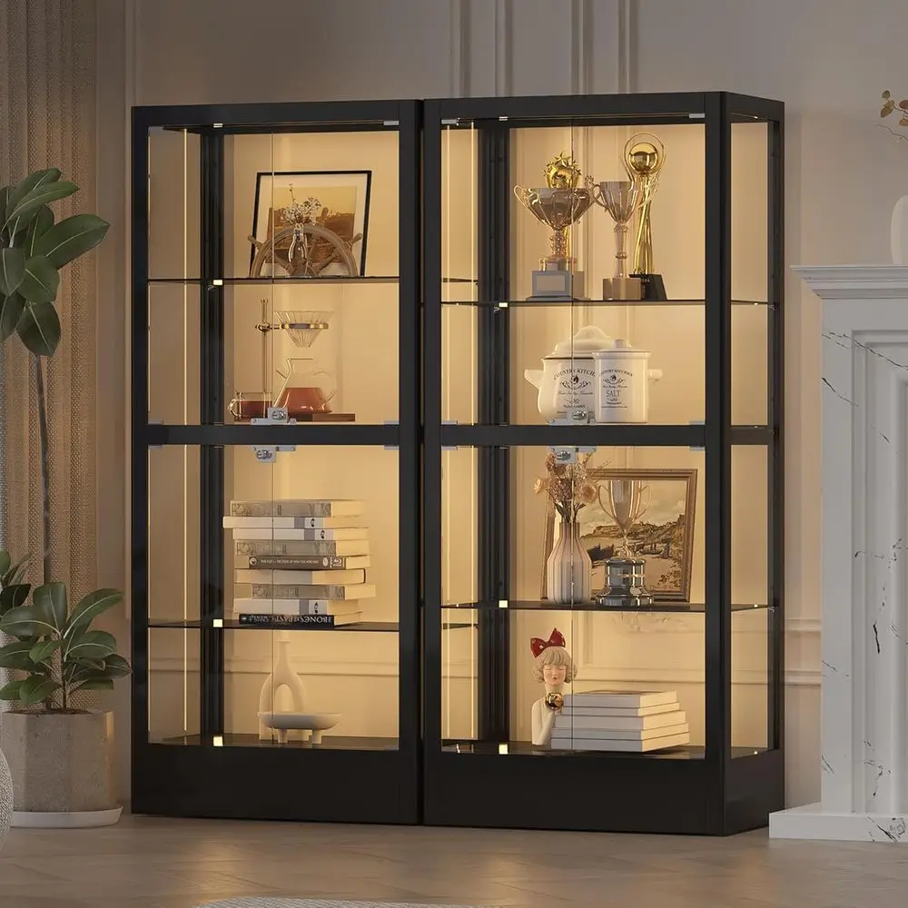 4-Sided Lockable Glass Display Cabinet with 13 Color Lights, Adjustable Shelves for Collectibles, Wine, China, 28 W, Black