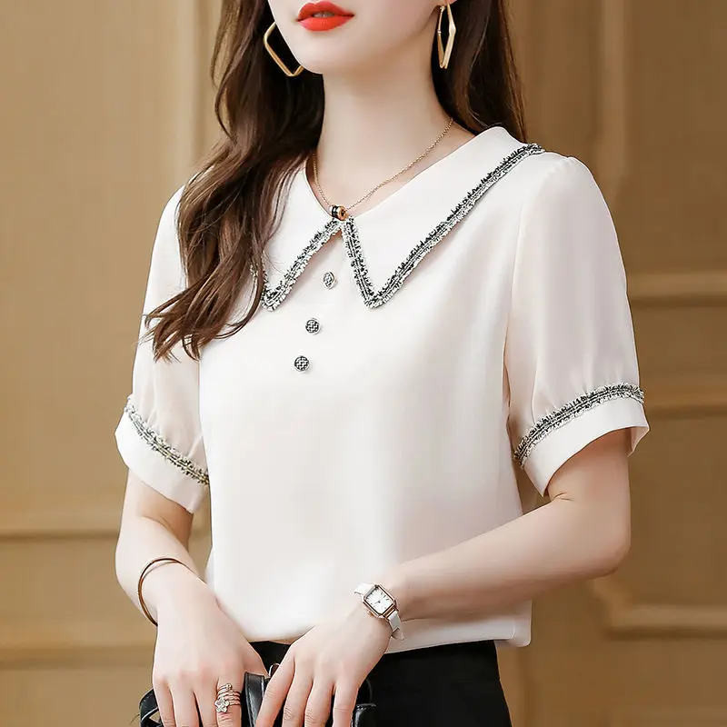 Top for Woman Office Outfits Clothing Black Women\'s Shirts and Blouses Chiffon Wear To Work Formal Collar Short Sleeve New 2024