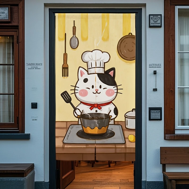 VIKAMA Cute Chef Cat Japanese-Style Door Curtain, Kitten Cooking Print Half-Door Curtain, Kitchen Divider Decoration