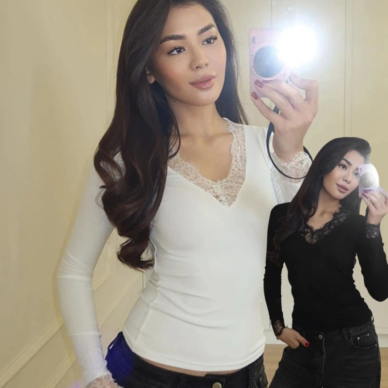 Women's V-neck Lace Splicing Top European American Style Autumn New Waist Exposed Umbilical Fashionable Casual Wear New 2026