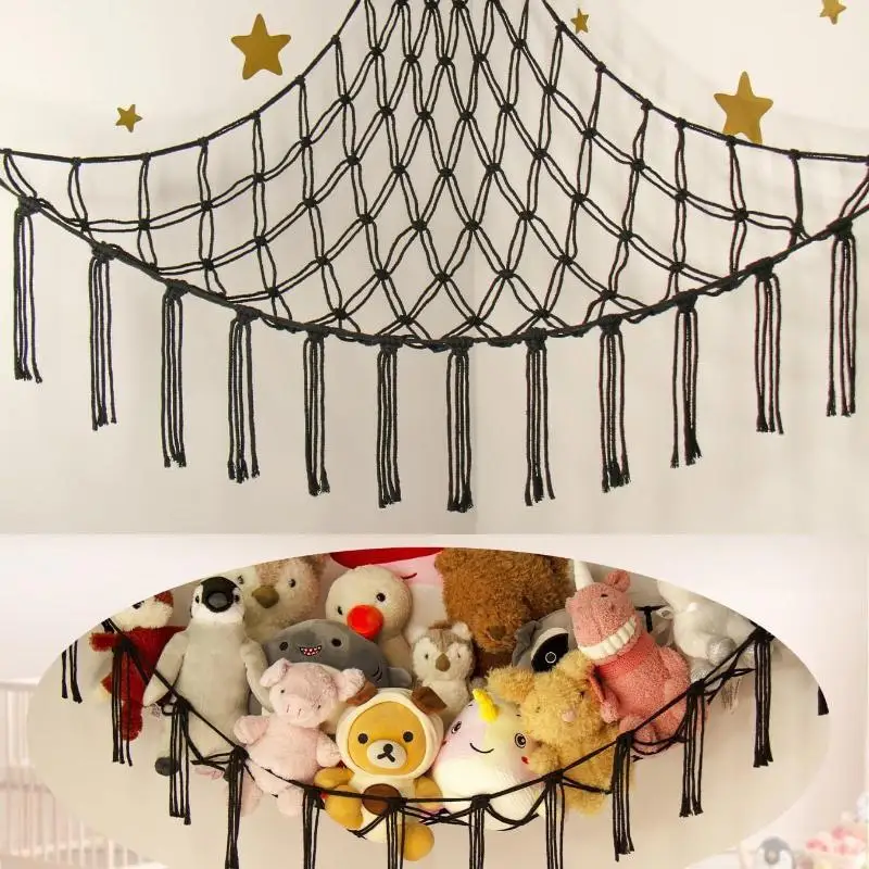 Boho Toy Hammock for Stuffed Animals Wall Corner Hanging Storage Net Woven Tassel Space Saving Organizer for Kids Room