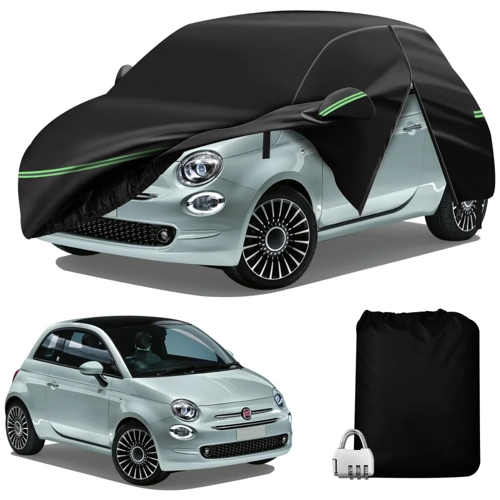 210T Outdoor Waterproof Car Cover Custom For Fiat 500/500C 2007-2023 UV Protection with Zipper Door Reflective Strip Storage Bag
