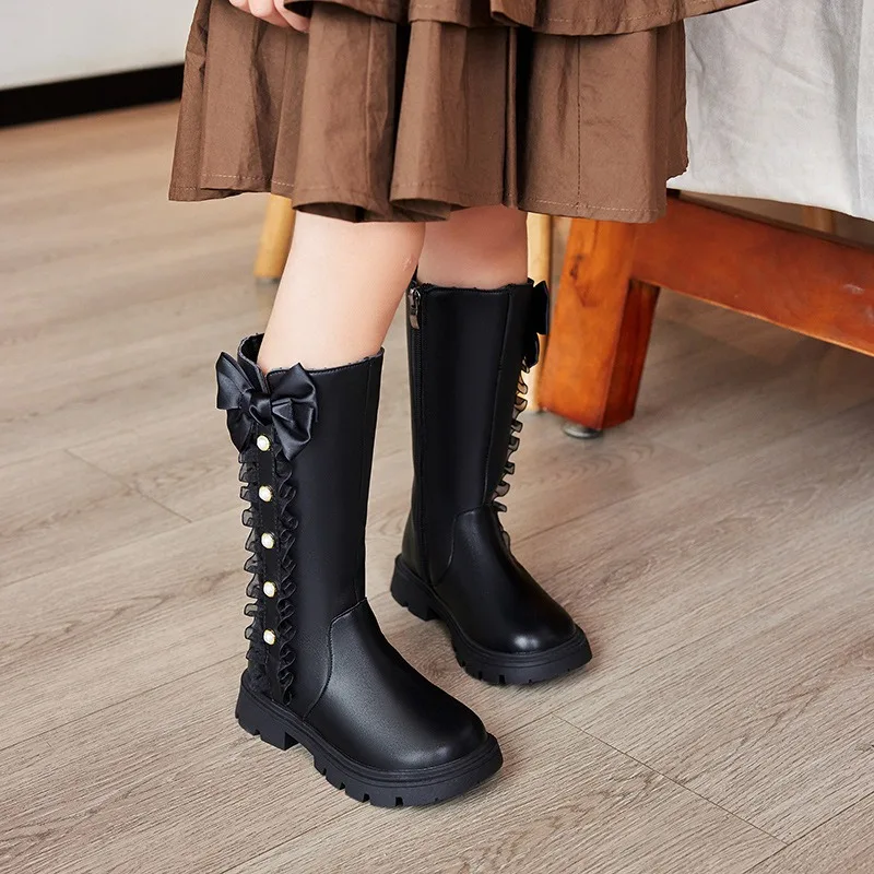 Autumn Winter Girls Boots Bow Lace Princess Shoes Outdoor Non-slip Child High Top Boots Windproof Waterproof Kids Casual Shoes