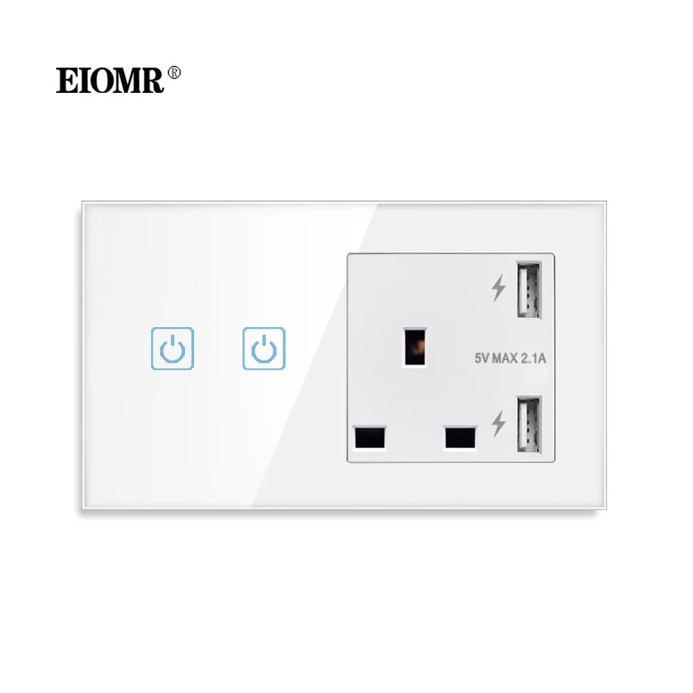 

EIOMR Touch Light Switch Sensor 13A UK Wall USB Power Socket Led Sensor Switches 1/2/3Gang 1Way Crystal Glass Panel Backlight