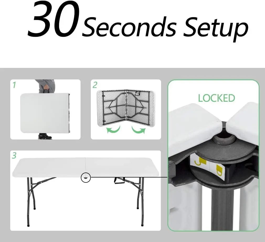 6FT Picnic Table Folding  Camping  Plastic  Fold Up  Lock for Party Event,White
