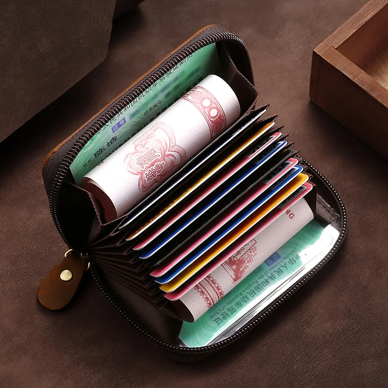 Vintage  Accordion Card Holder Large Capacity Short Zipper Leather Cowhide Coin Purse American Retro Style Bucket Shape