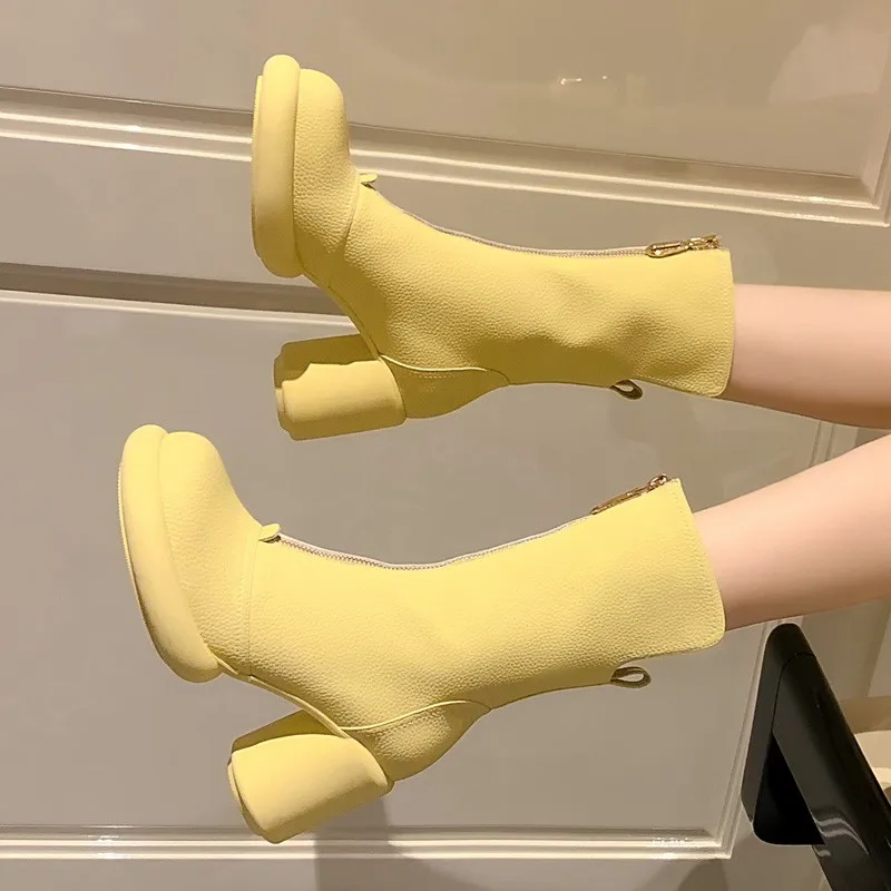 الخريف والشتاء أزياء جديدة دافئة بلون مثير جولة تو الجانب سستة مريحة كعب سميك أنيقة المرأة أحذية قصيرة #1