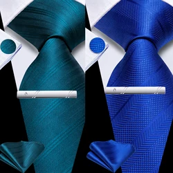 Hi-Tie Men Silk Striped Teal Blue Necktie Hankie Cufflink With Clip 4PC  for Accessory Classic Gift Tie Dropshipping