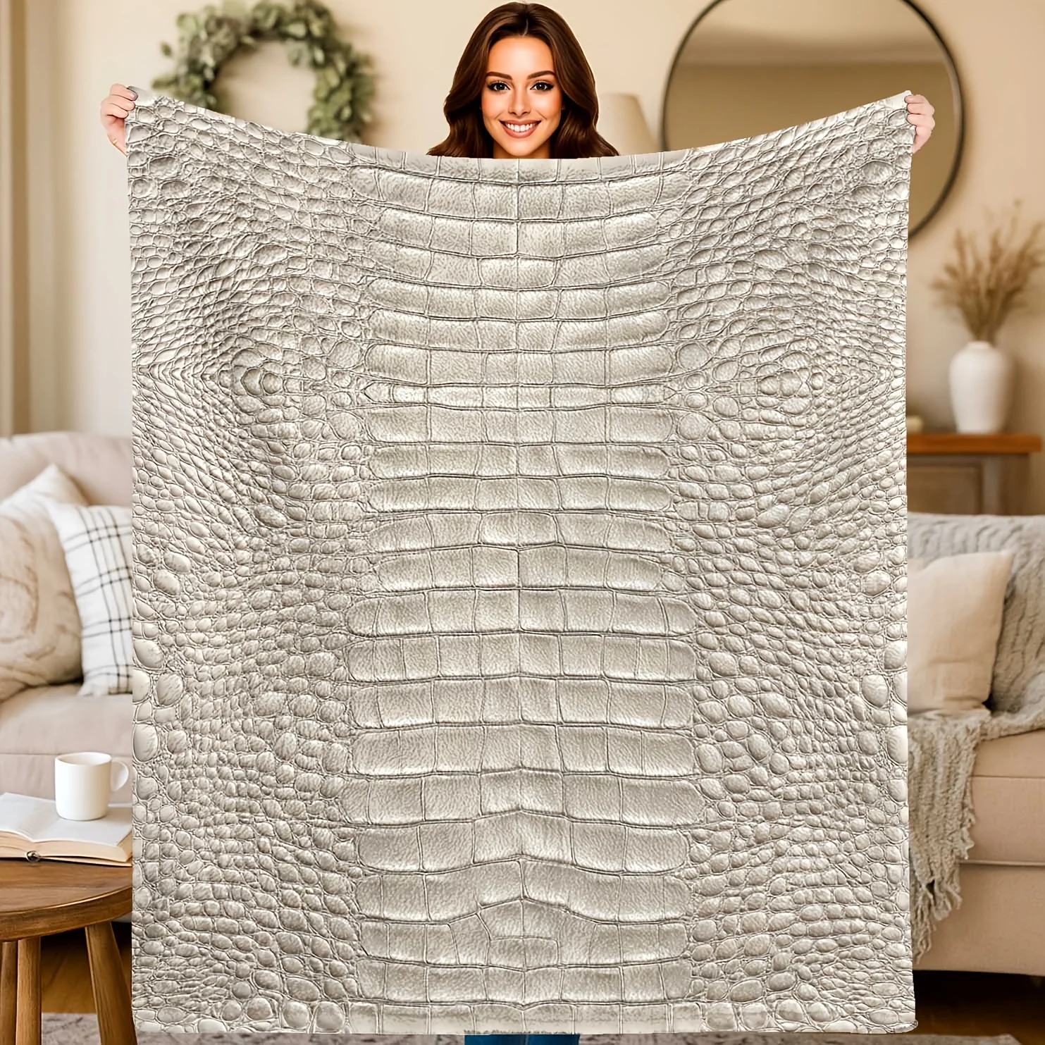 Luxury Crocodile Skin Throw Blanket Silver Grey Embossed Texture Soft Fleece Blanket For Modern Living Room Bedroom Decor