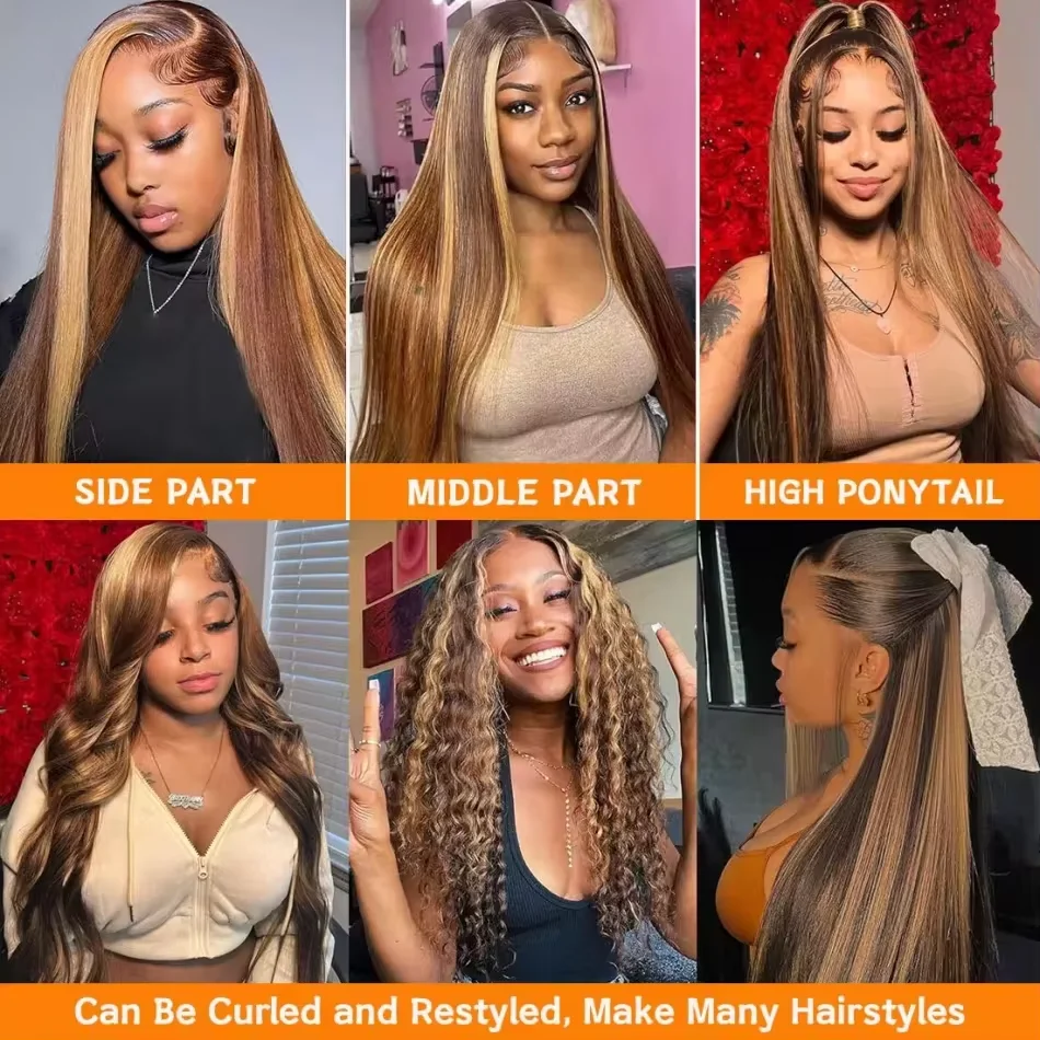 38 Inch Straight Human Hair Wigs Highlight Wig Human Hair 220 Density 13x6 HD Lace Frontal Wig 13x4 4/27 Honey Blond Lace Wig image 4