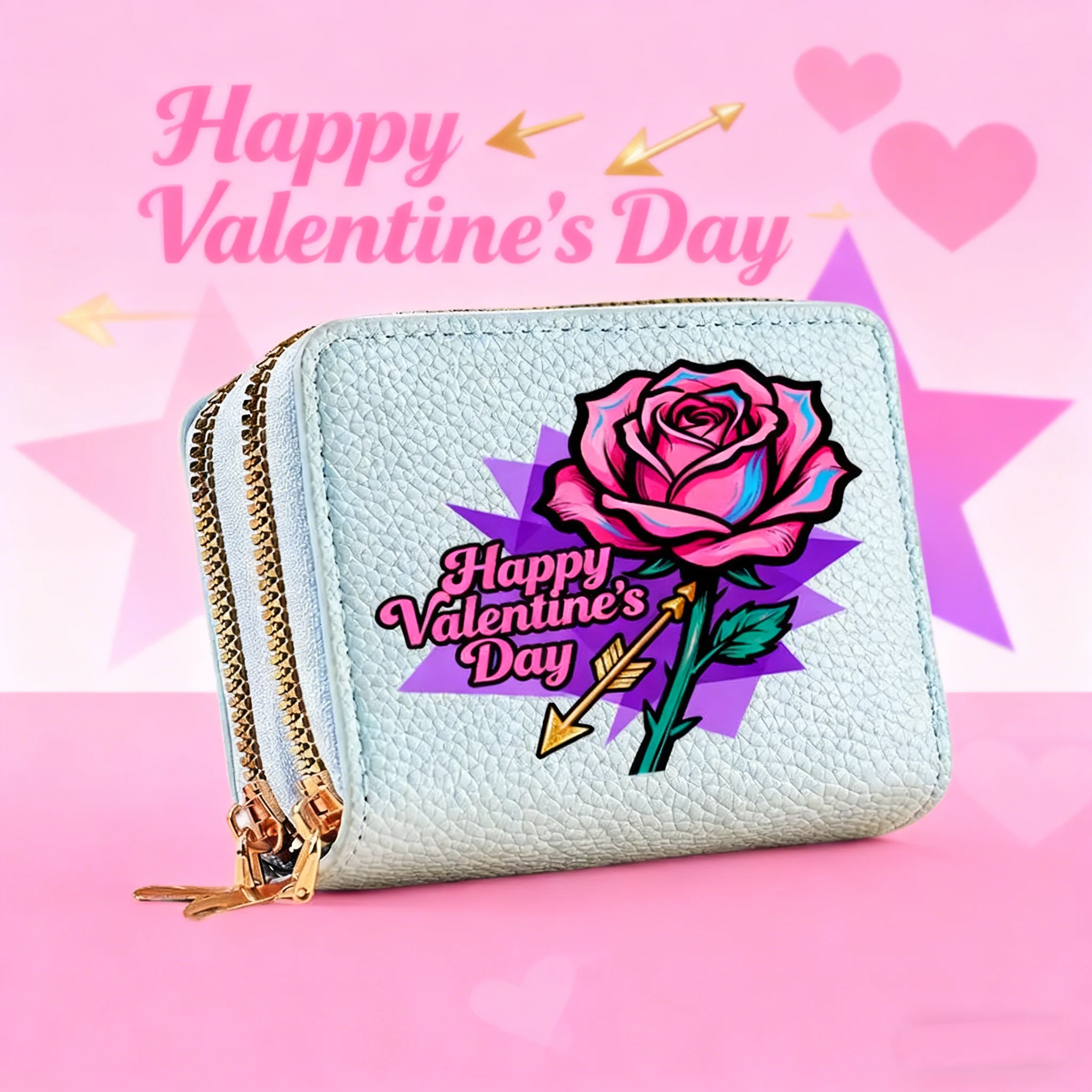 1PC Valentine's Day pattern fashion coin purse double zipper storage multi-card card package holiday gift clutch wallet