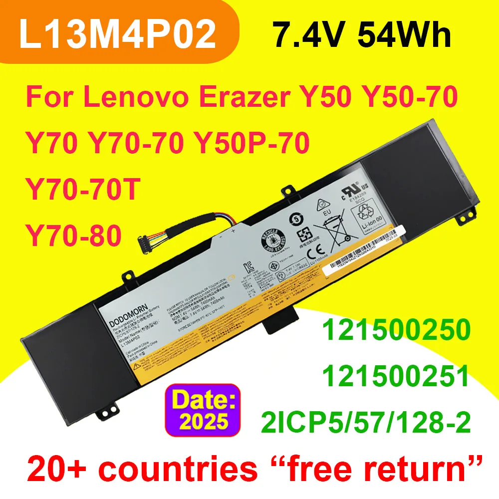 Batería para portátil DODOMORN L13M4P02 para Erazer Y50 Y50-70 Y50P-70 Y50-80 Y70 Y70-70 Touch Y70-80 Series L13N4P01 7.4V 54Wh OEM