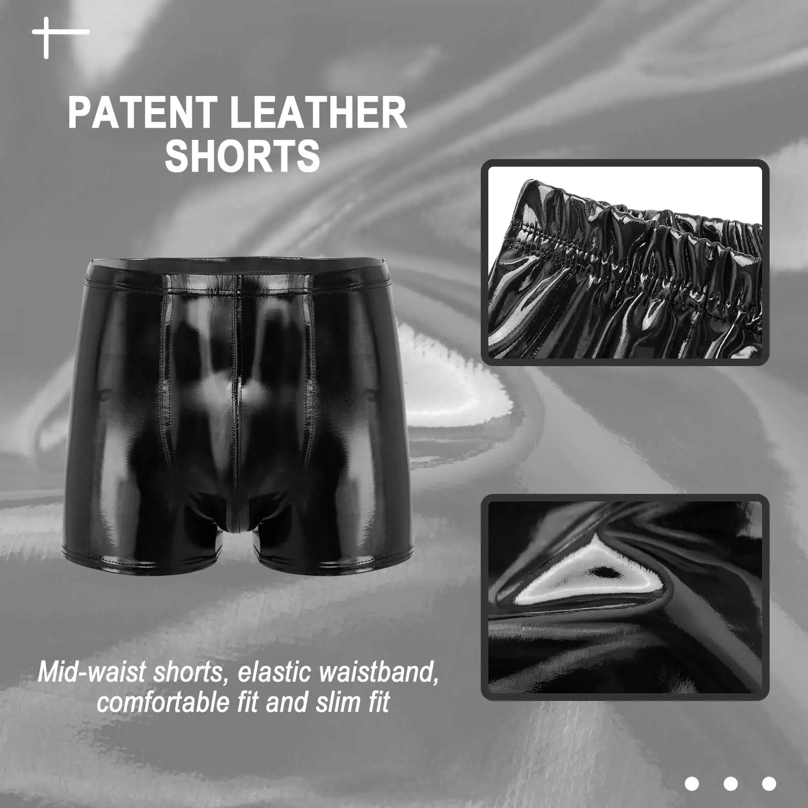 Mens Wet Look Patent Leather Shorts Bulge Pouch Boxer Brief Elastic Waistband Short Pants Clubwear