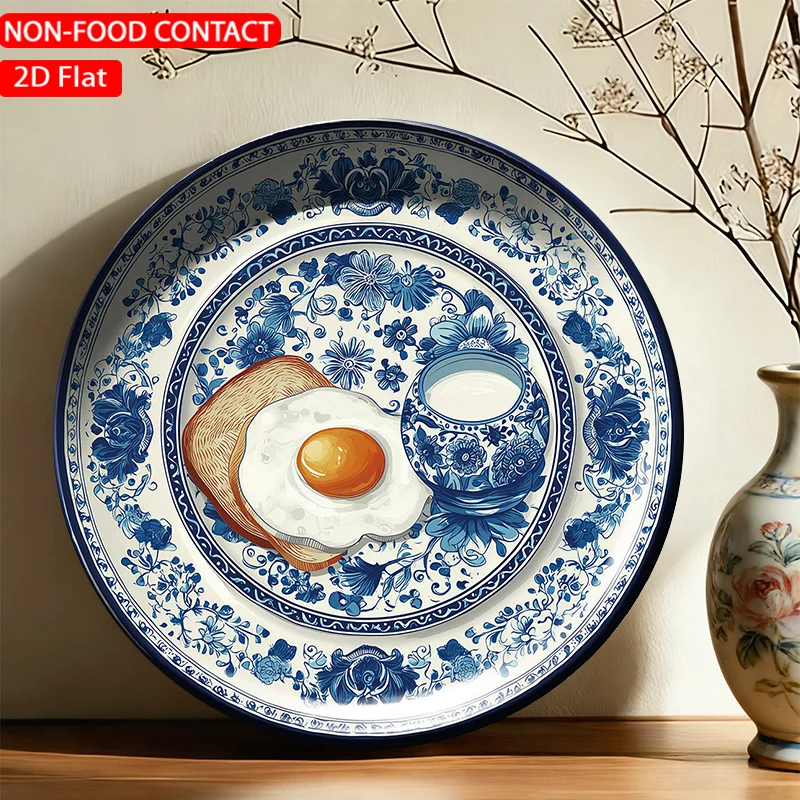 1pc FORJN Ceramic Decorative Plate - Modern Round Blue Floral Fried Egg Toast & Milk Art Plate Suitable, Living Room,, Non-Food