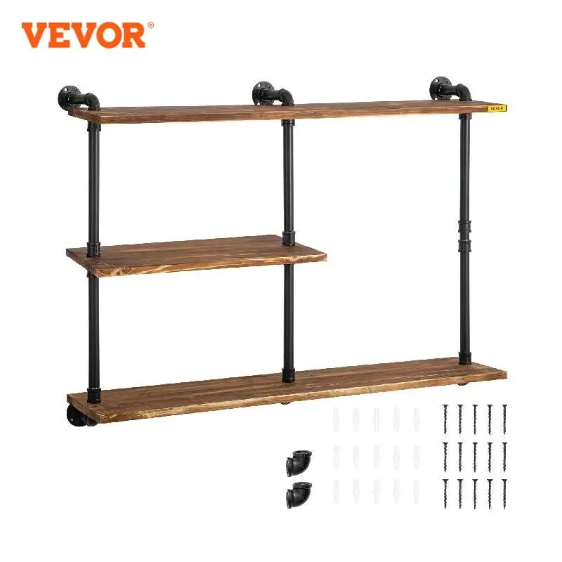 VEVOR Industrial Pipe Shelving Wall Mounted Rustic Floating Shelves with Steel Pipes and Wood Planks Wall Shelf DIY Bookshelf