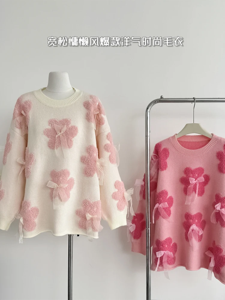 

Women White Bow Pullover Cashmere Sweater Harajuku Y2k Long Sleeve O-Neck Knitted Sweaters 90s Vintage 2000s Clothes Autumn 2024
