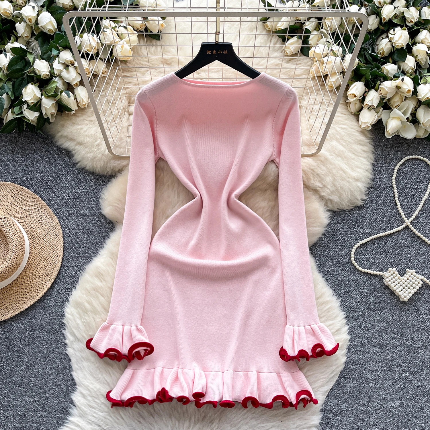 New Autumn Women O-neck Flare Sleeve Knitted Sweater Dress Hit Color Patchwork Ruffles Spliced Bodycon Slim Mini Party Dress
