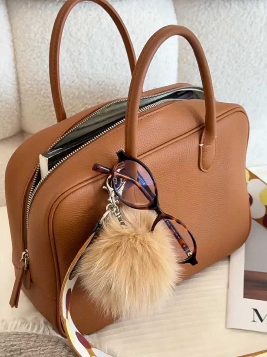 

Leather Tote Bag Women's 2025 New Luxury Commuter Handbag Crossbody Bowling Bag Soft Polyester Dual Strap Zipper Closure