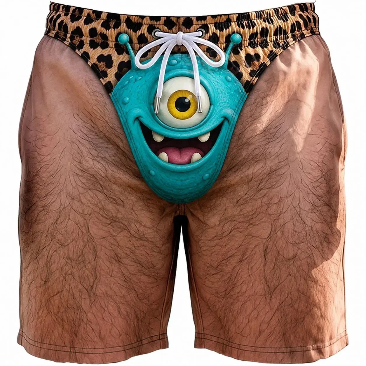 Atmungsaktive, schnell trocknende Outdoor-Freizeit-Strandshorts für Herren mit realistischem 3D-Körpervolumen-Druck und einem lustigen Leopardenmuster – Detail 4