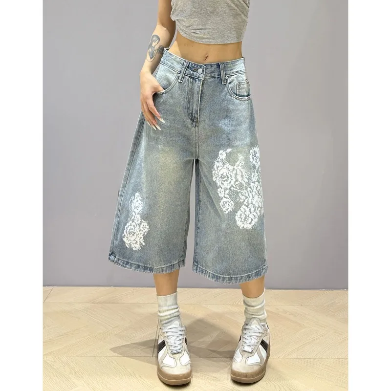 Y2K American Vintage Heavy Industry Jeans stampati in pizzo Donna High Street Design Si sente pantaloni larghi e sottili a sette punti a gamba larga