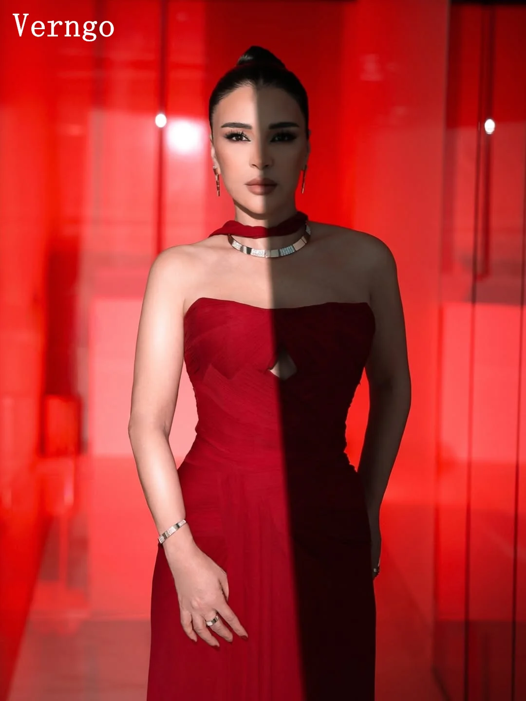 Verngo-vestido de noche de gasa rojo, escote en forma de corazón, sirena, vestidos para ocasiones formales, abertura lateral, corte Sexy, vestidos de graduación personalizados