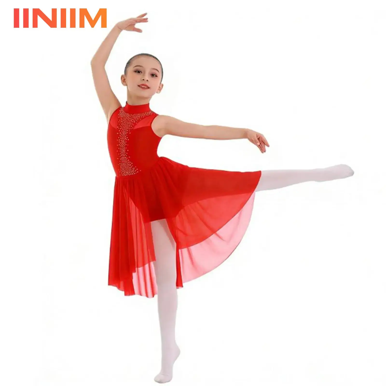 

Детское гимнастическое балетное платье для девочек с блестящими стразами, костюм для художественного фигурного катания, лирическое платье-трико с боковым разрезом и юбкой