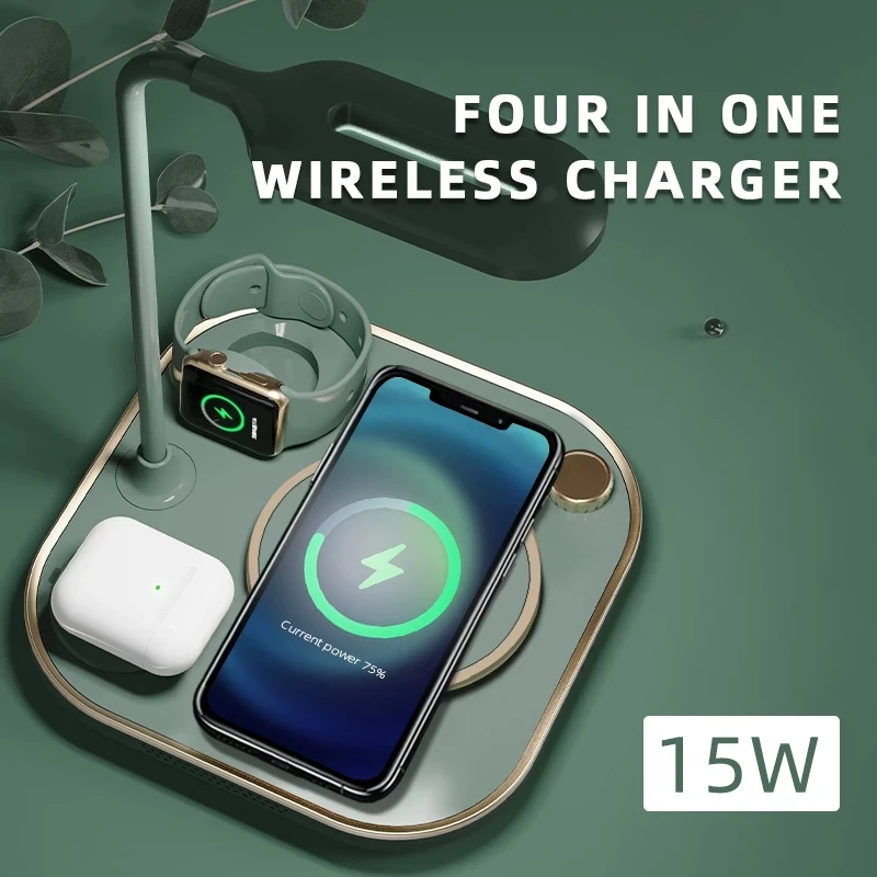 Fast Wireless Charger for iPhone, 4 in 1, 15W, iPhone 15, 14, 13, 12 Pro Max, iWatch, Airpods, Modern Office Desk Lamp, Magnetic