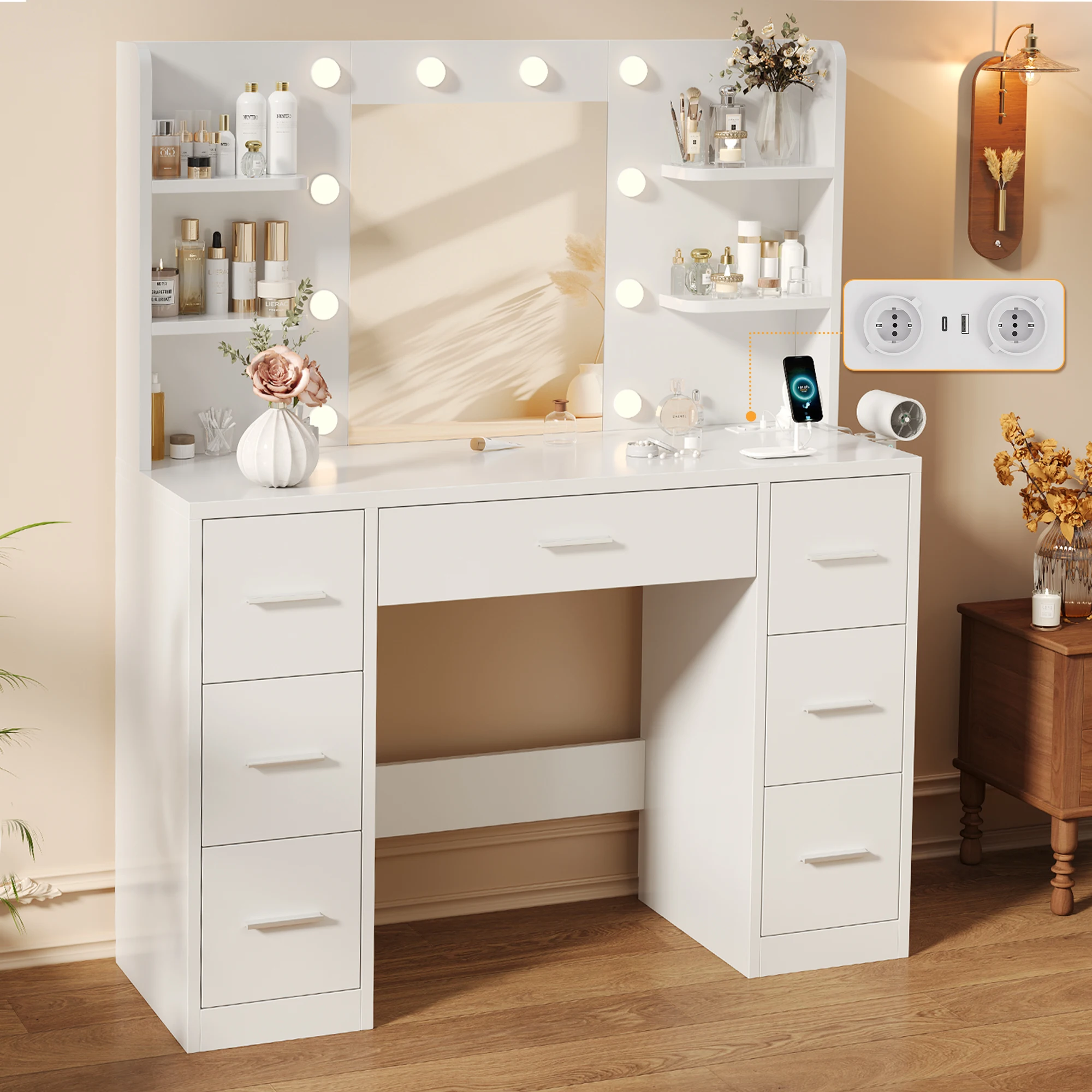 Homall Tocador grande con iluminación LED y enchufe, brillo ajustable, tocador con espejo, 7 cajones